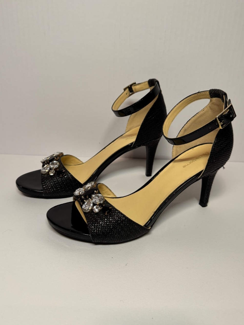 Liz Claiborne Black Embellished Ankle Strap Heels Woven 7.5 Rhinestone Sandals - Picture 2 of 13